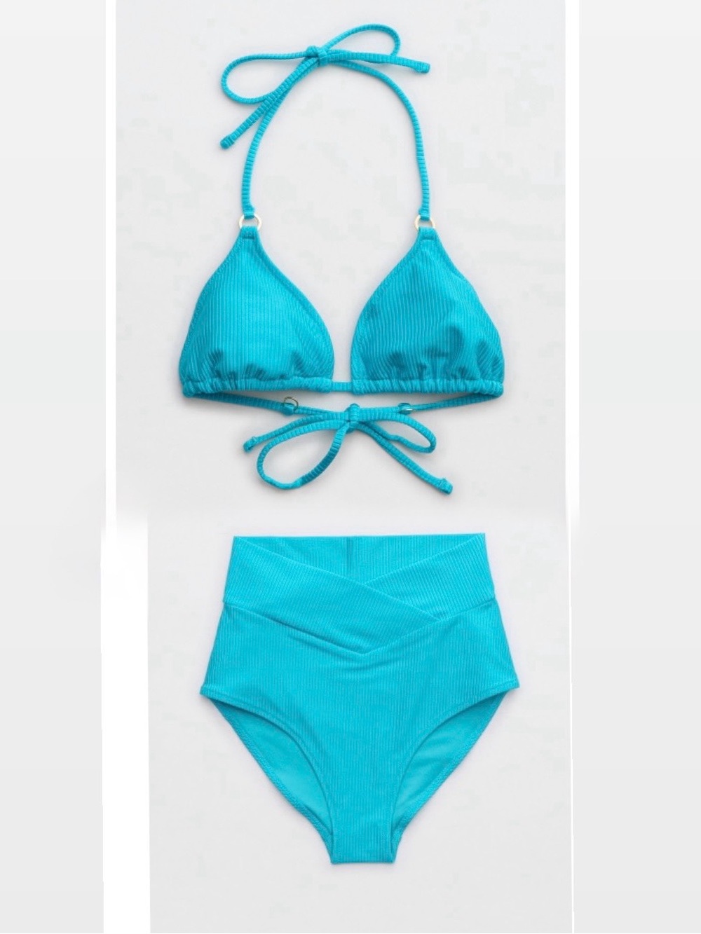 Aerie Women's Shiny Aqua Bikini Set Heigh Waisted Bottoms
